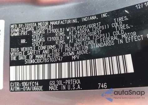 2011 Toyota Sienna Le V6 z USA, uszkodzony, nr VIN 5TDKK3DC7BS103747